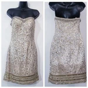 LARA Designs Rhinestones Jeweled Beads Embellished Champagne Mini Dress